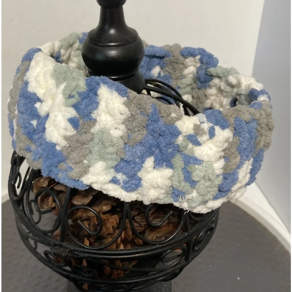 Chenille Crochet Headband Camouflage Blue Gray White 21 inches x 3 inches